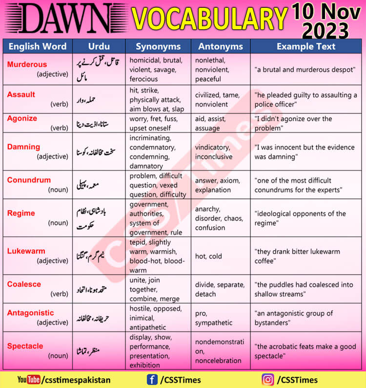 Daily DAWN News Vocabulary with Urdu Meaning (10 Nov 2023)