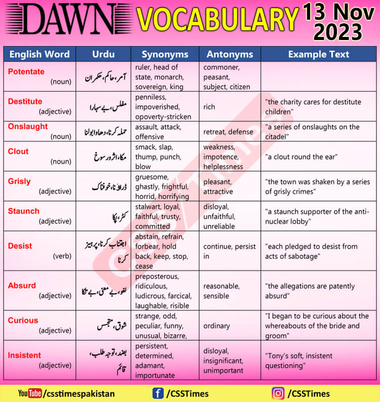 Daily DAWN News Vocabulary with Urdu Meaning (13 Nov 2023)
