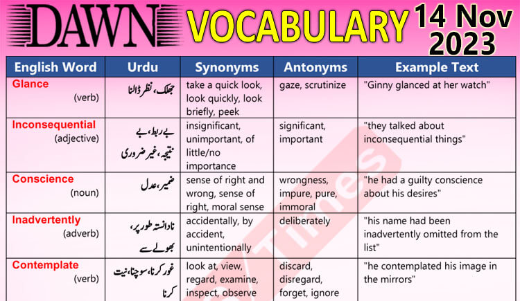 Daily DAWN News Vocabulary with Urdu Meaning (14 Nov 2023)