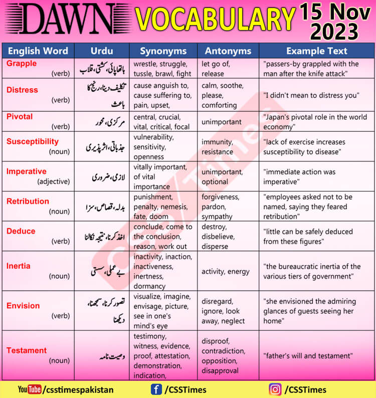 Daily DAWN News Vocabulary with Urdu Meaning (15 Nov 2023)