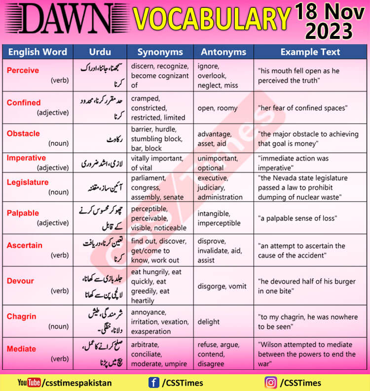 Daily DAWN News Vocabulary with Urdu Meaning (18 Nov 2023)
