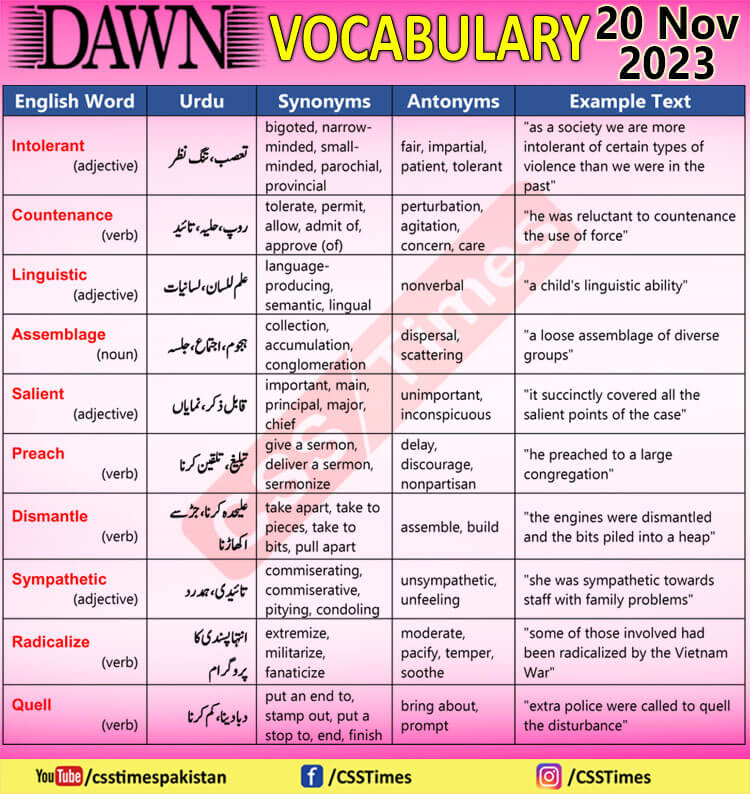 Daily DAWN News Vocabulary with Urdu Meaning (20 Nov 2023)