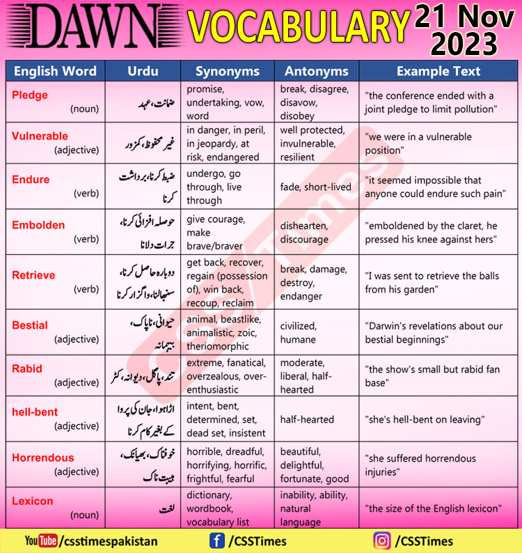 Daily DAWN News Vocabulary with Urdu Meaning (21 Nov 2023)