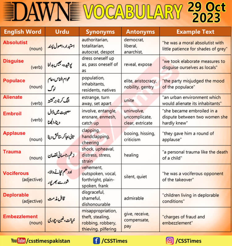 Daily DAWN News Vocabulary with Urdu Meaning (29 Oct 2023)