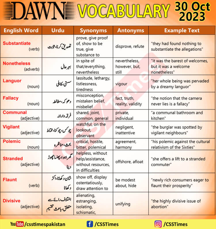 Daily DAWN News Vocabulary with Urdu Meaning (30 Oct 2023)