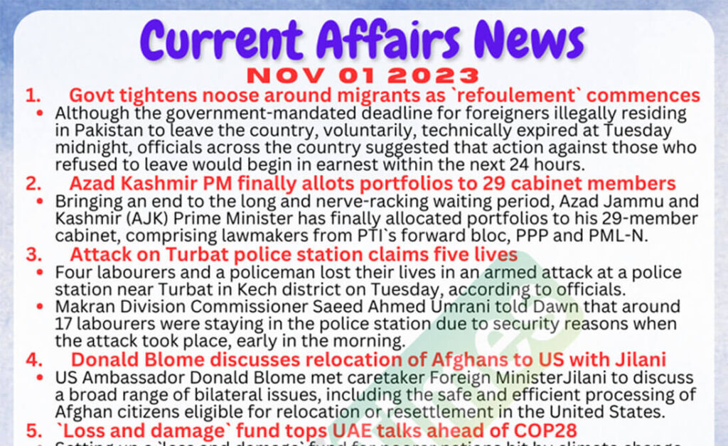 Daily Top-10 Current Affairs MCQs / News (November 01 2023) for CSS