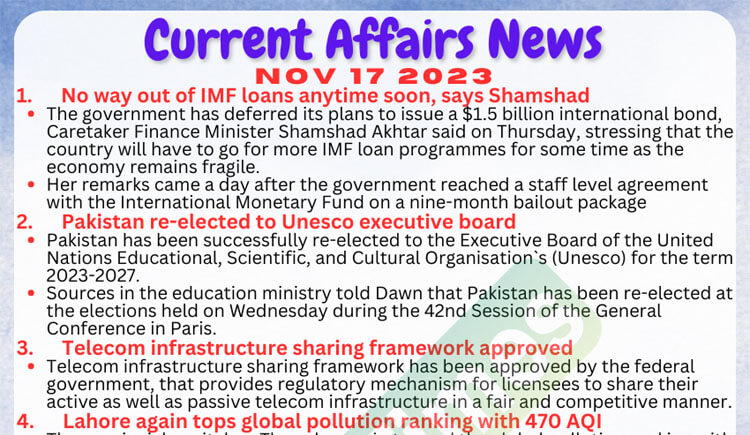 Daily Top-10 Current Affairs MCQs / News (November 17 2023) for CSS