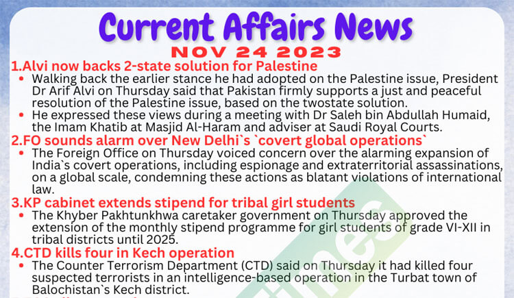 Daily Top-10 Current Affairs MCQs / News (November 24 2023) for CSS