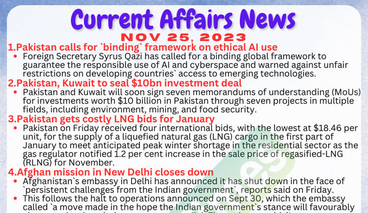 Daily Top-10 Current Affairs MCQs / News (November 25 2023) for CSS