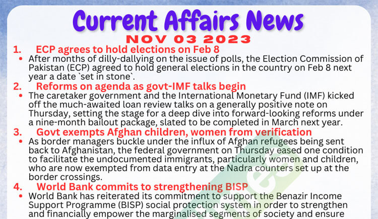 Daily Top-10 Current Affairs MCQs / News (November 03 2023) for CSS