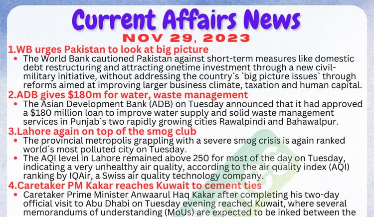 Daily Top-10 Current Affairs MCQs / News (November 29 2023) for CSS