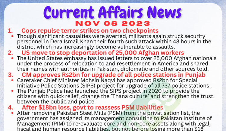 Daily Top-10 Current Affairs MCQs / News (November 06 2023) for CSS