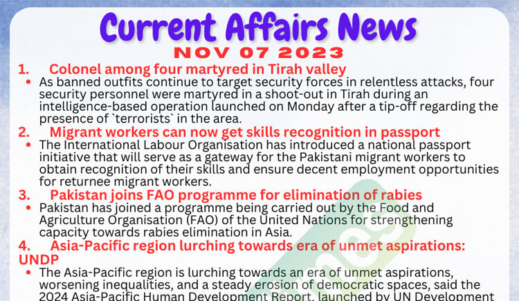Daily Top-10 Current Affairs MCQs / News (November 07 2023) for CSS