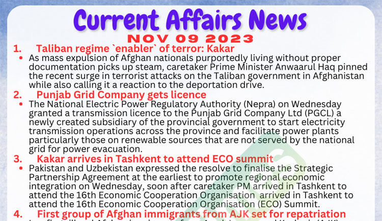 Daily Top-10 Current Affairs MCQs / News (November 09 2023) for CSS