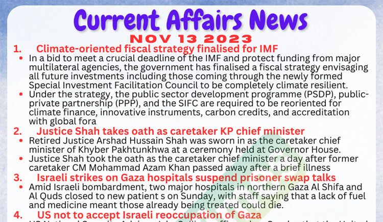 Daily Top-10 Current Affairs MCQs / News (November 13 2023) for CSS