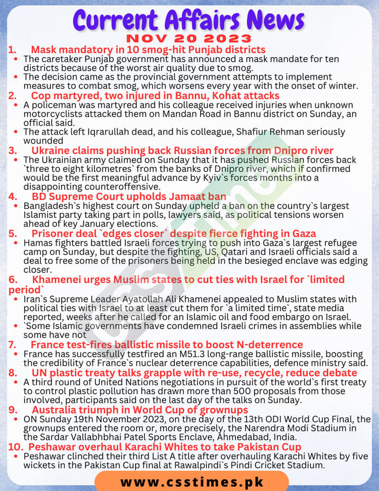 Daily Top-10 Current Affairs MCQs / News (November 20 2023) for CSS