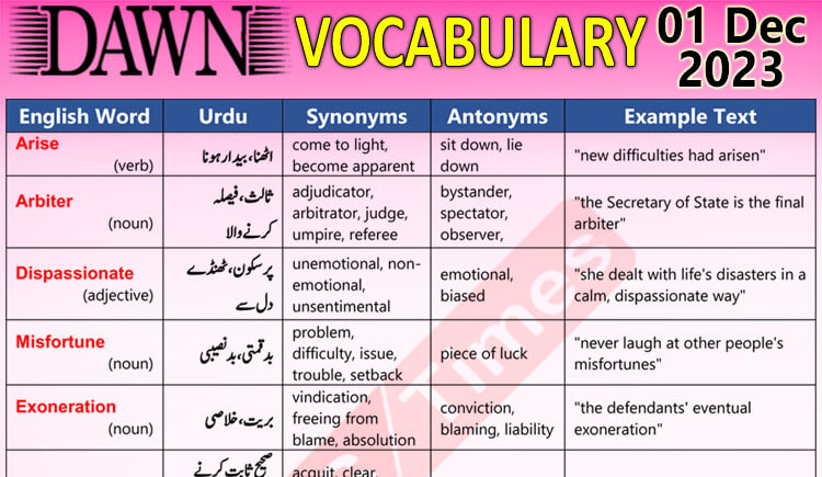 Daily DAWN News Vocabulary with Urdu Meaning (01 Dec 2023)