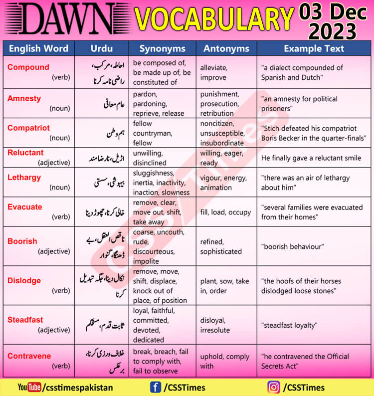 Daily DAWN News Vocabulary with Urdu Meaning (03 Dec 2023)