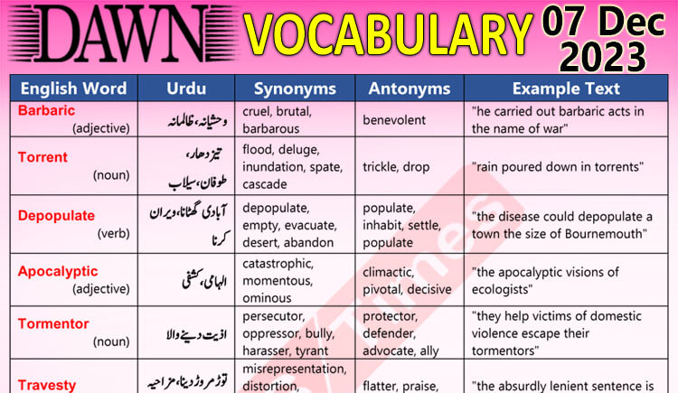 Daily DAWN News Vocabulary with Urdu Meaning (07 Dec 2023)