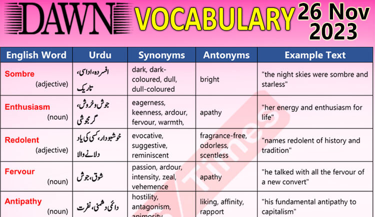 Daily DAWN News Vocabulary with Urdu Meaning (26 Nov 2023)