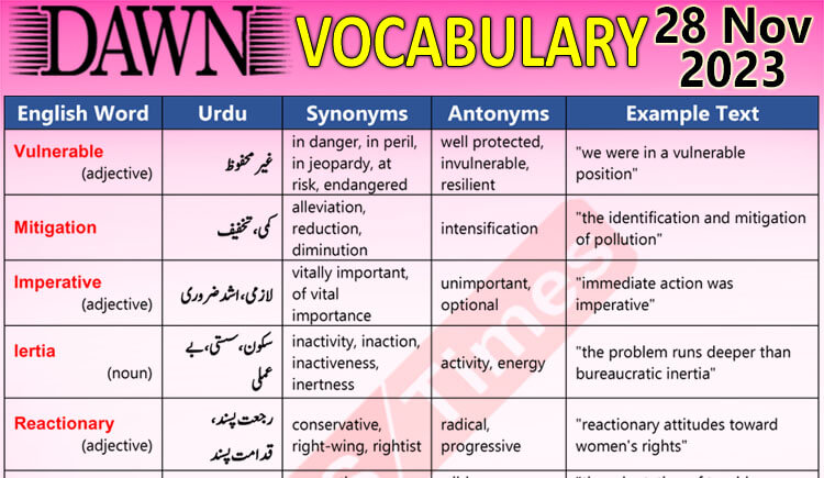 Daily DAWN News Vocabulary with Urdu Meaning (28 Nov 2023)