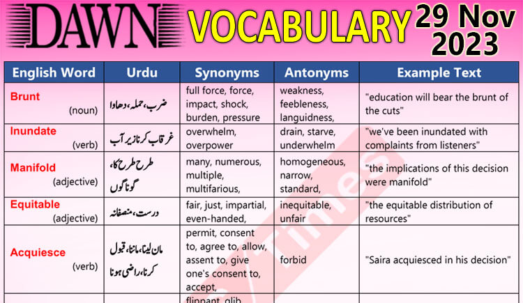 Daily DAWN News Vocabulary with Urdu Meaning (29 Nov 2023)