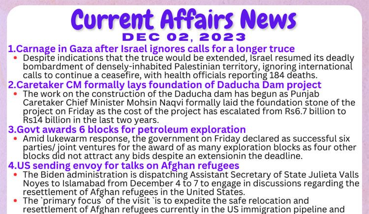Daily Top-10 Current Affairs MCQs / News (December 02 2023) for CSS
