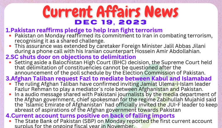 Daily Top-10 Current Affairs MCQs / News (December 19 2023) for CSS