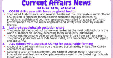 Daily Top-10 Current Affairs MCQs / News (December 04 2023) for CSS