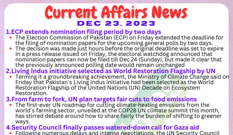 Daily Top-10 Current Affairs MCQs / News (December 23 2023) for CSS