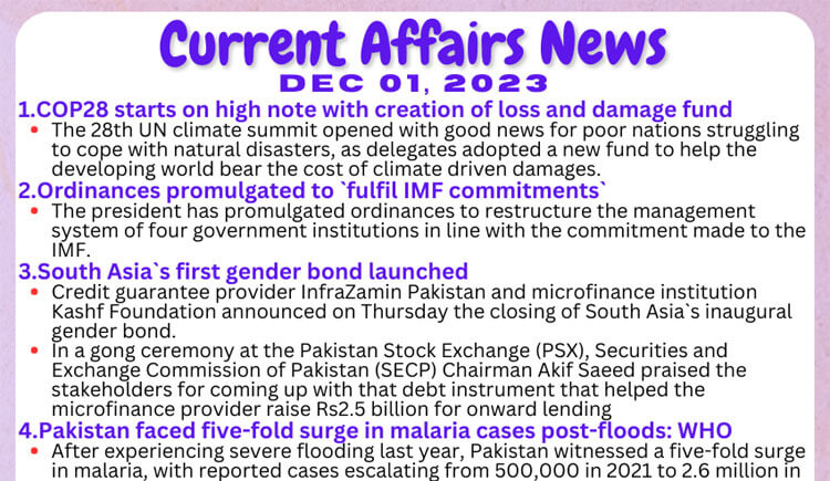 Daily Top-10 Current Affairs MCQs / News (December 01 2023) for CSS