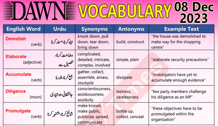 Daily DAWN News Vocabulary with Urdu Meaning (08 Dec 2023)