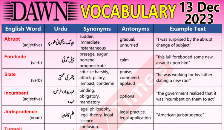 Daily DAWN News Vocabulary with Urdu Meaning (13 Dec 2023)