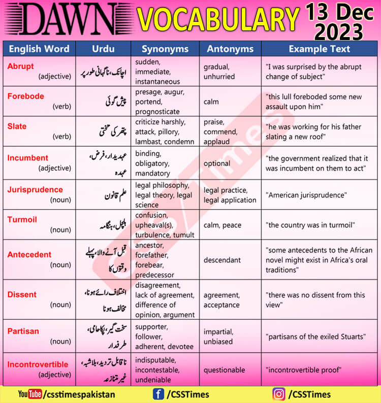 Daily DAWN News Vocabulary with Urdu Meaning (13 Dec 2023)