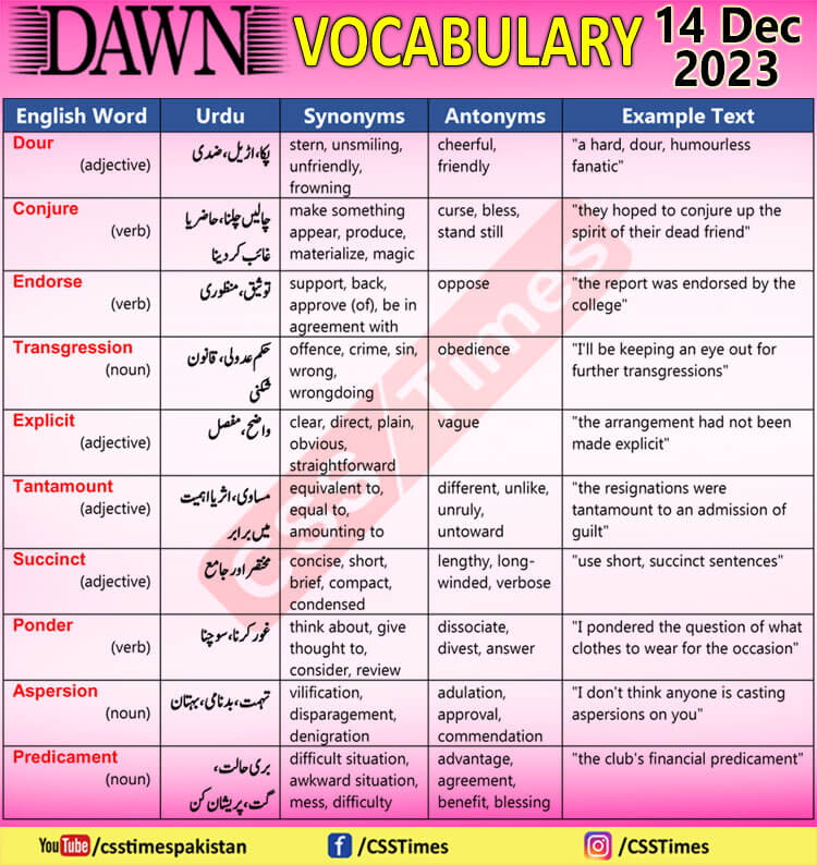 Daily DAWN News Vocabulary with Urdu Meaning (14 Dec 2023)