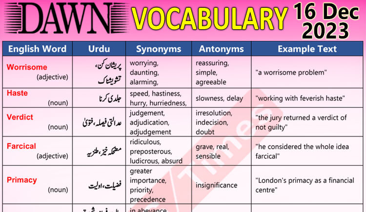 Daily DAWN News Vocabulary with Urdu Meaning (16 Dec 2023)