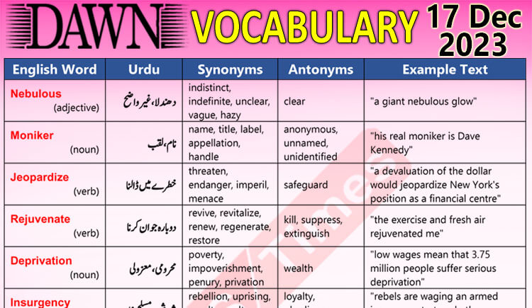 Daily DAWN News Vocabulary with Urdu Meaning (17 Dec 2023)
