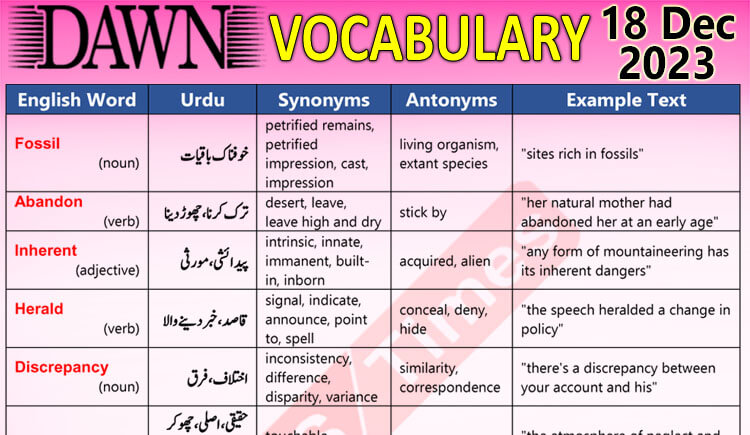 Daily DAWN News Vocabulary with Urdu Meaning (18 Dec 2023)