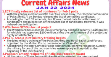 Daily Top-10 Current Affairs MCQs / News (January 22 2024) for CSS
