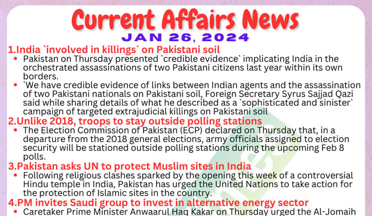 Daily Top-10 Current Affairs MCQs / News (January 26 2024) for CSS