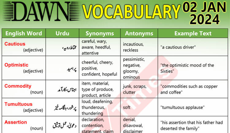 Daily DAWN News Vocabulary with Urdu Meaning (02 Jan 2024)