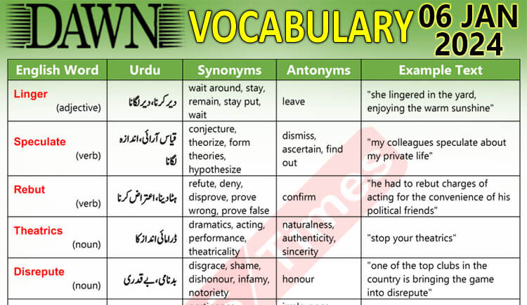 Daily DAWN News Vocabulary with Urdu Meaning (06 Jan 2024)