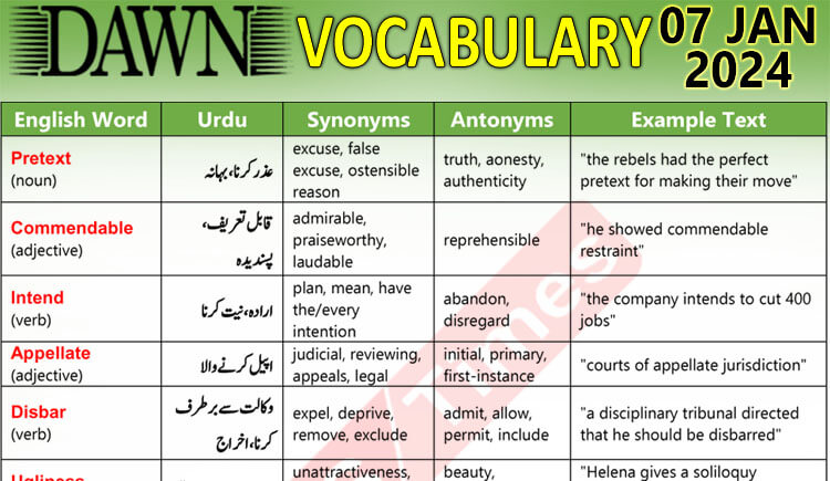 Daily DAWN News Vocabulary with Urdu Meaning (07 Jan 2024)