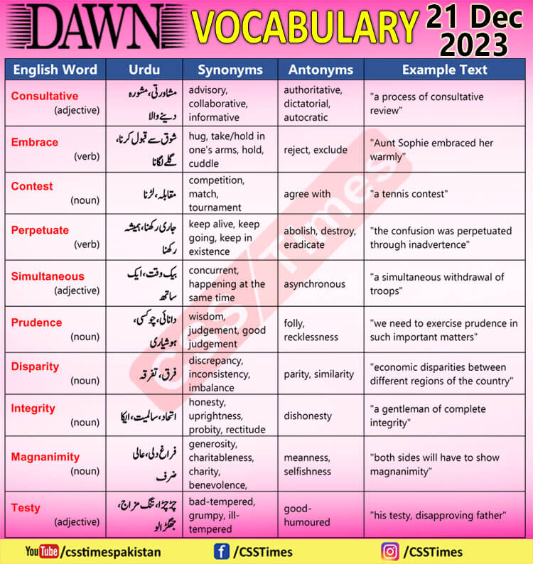 Daily DAWN News Vocabulary with Urdu Meaning (21 Dec 2023)