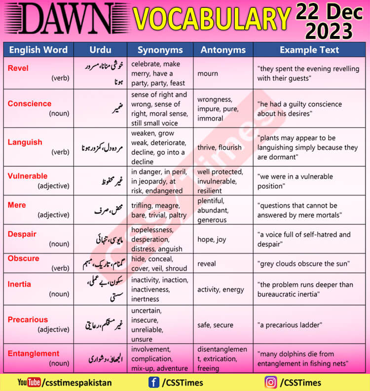 Daily DAWN News Vocabulary with Urdu Meaning (22 Dec 2023)