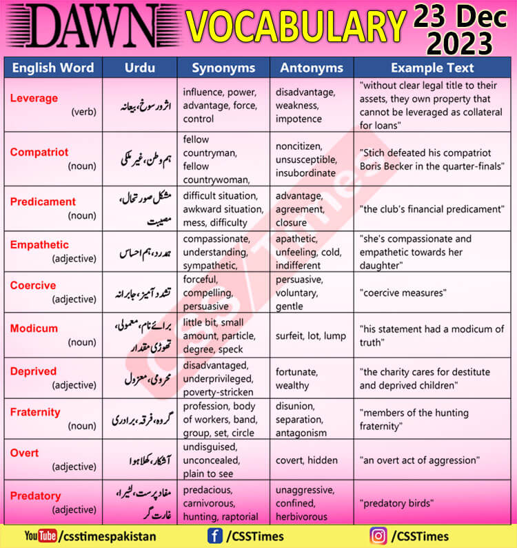 Daily DAWN News Vocabulary with Urdu Meaning (23 Dec 2023)
