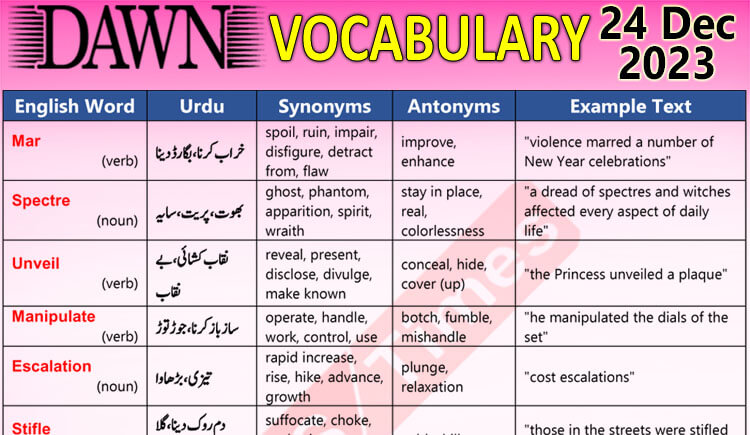 Daily DAWN News Vocabulary with Urdu Meaning (24 Dec 2023)