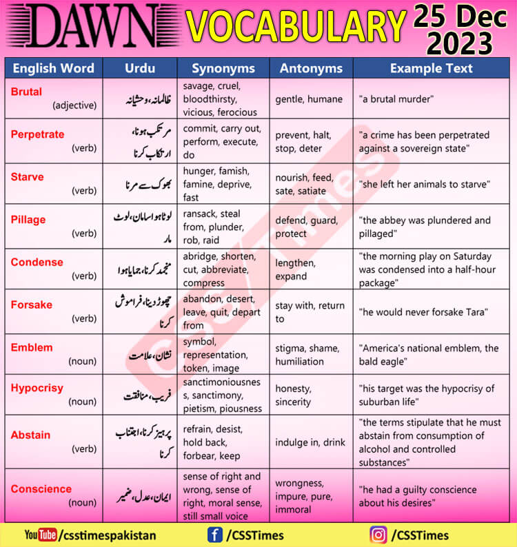 Daily DAWN News Vocabulary with Urdu Meaning (25 Dec 2023)