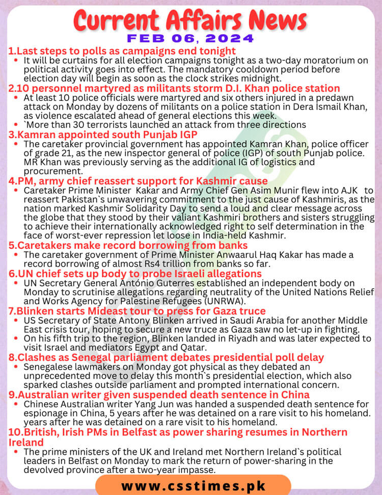 Daily Top-10 Current Affairs MCQs / News (February 06 2024) for CSS