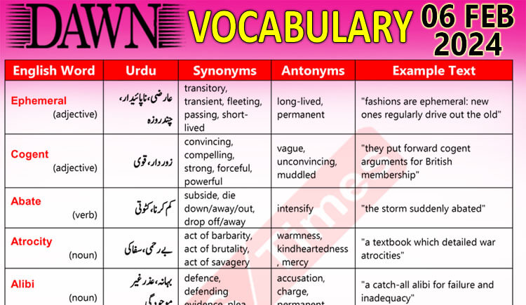 Daily DAWN News Vocabulary with Urdu Meaning (06 Feb 2024)